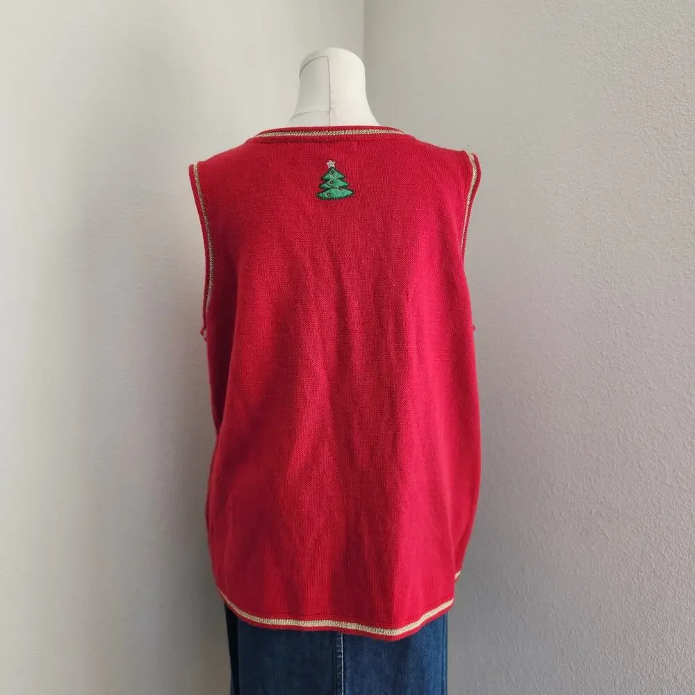 Vintage Y2K White Stag Red Knit Ugly Christmas Sweater Vest Holiday Theme L